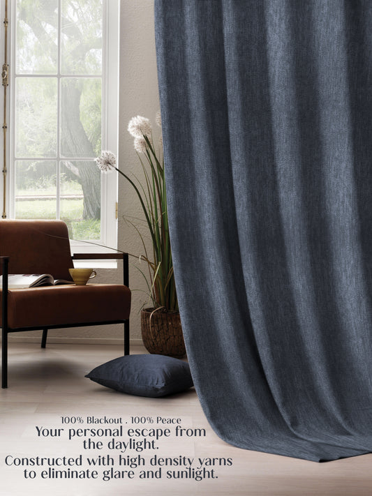 Arezzo Plain Blackout Curtains | Soft Heavy Fabric & Total Light Block | Denim Blue | Set of 2 | Fully Customizable