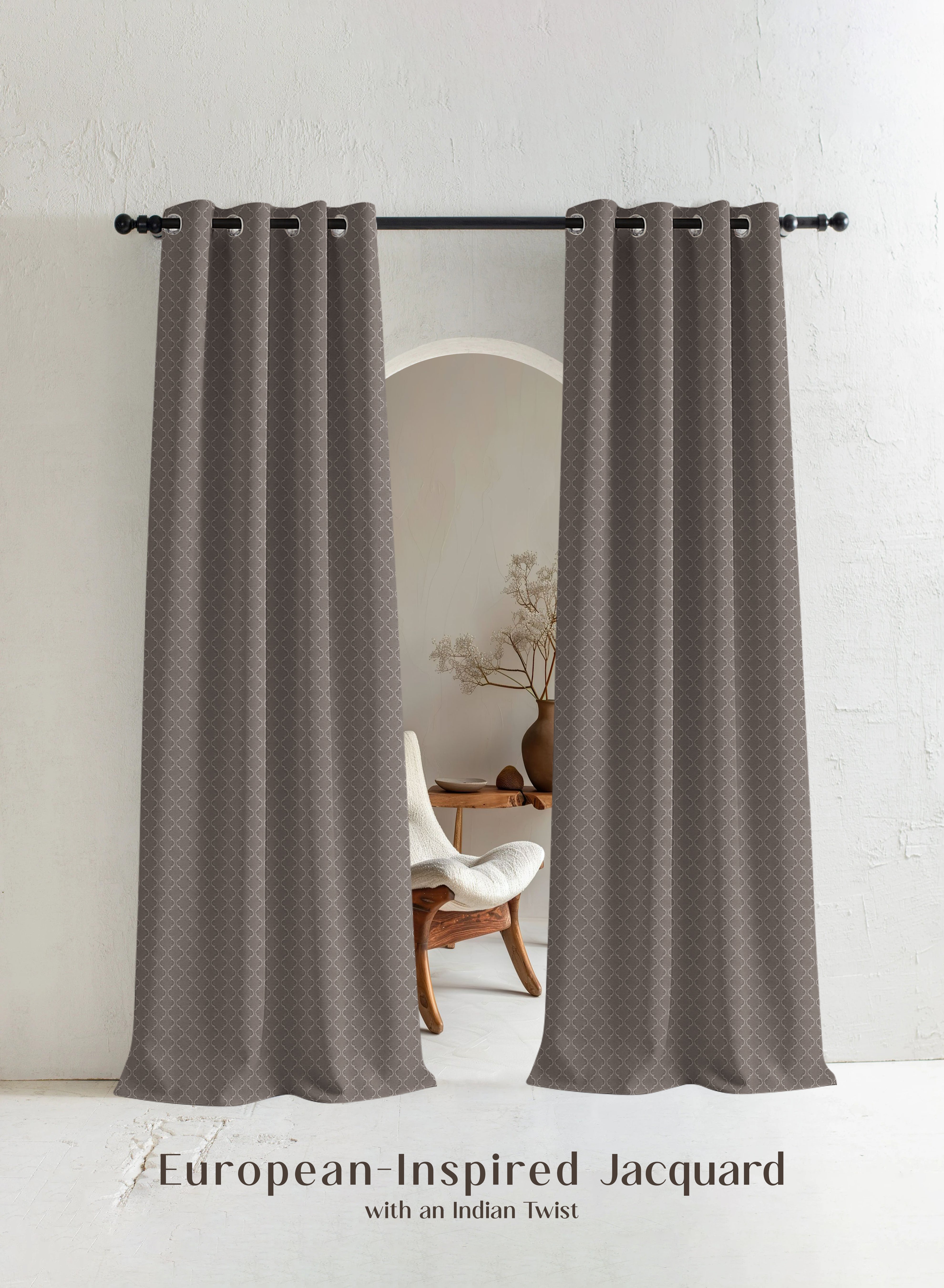 Teramo Jacquard Room Darkening Curtains | Crest Jacquard Weave | Peat Brown | Set of 2 | Fully Customizable