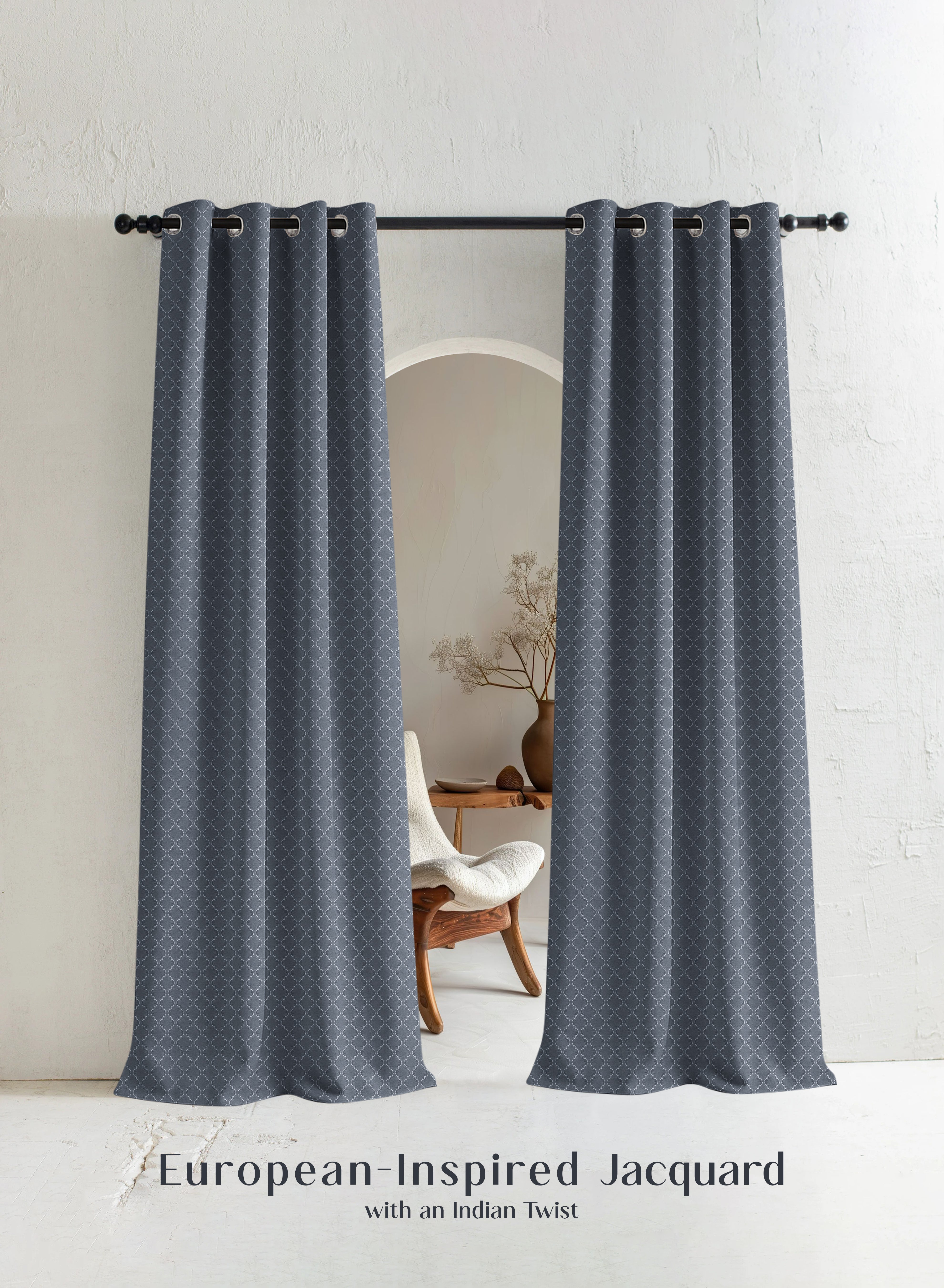 Teramo Jacquard Room Darkening Curtains | Crest Jacquard Weave | Abstract Gray | Set of 2 | Fully Customizable