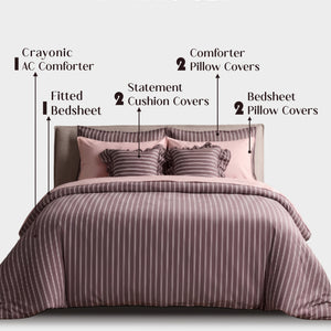 A bed dressed in a striped bedding set with pink pillows and a mauve-toned comforter, shown on a light gray background with text labels pointing to the included pieces: crayonic AC comforter, fitted bedsheet, statement pillow covers, and bedsheet pillow covers.
