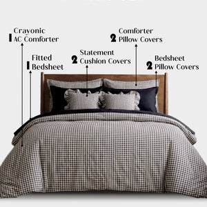 Crayonic™ 8-Piece AC Bedding Set | Signature Designer Bedding for AC Rooms | Midnight Gingham