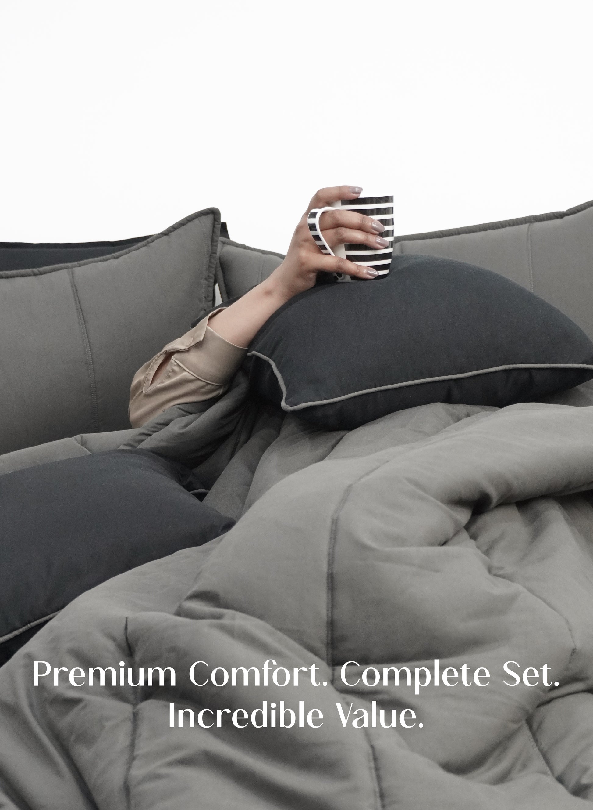 Home Crayons Cocoon AC Comforter Set | 5-Piece Designer Bed Set for Modern Homes | Moonstone Gray