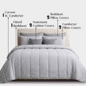 Home Crayons Cocoon 8-Piece AC Bedding Set | Coordinated Comforter, Fitted Sheet & Covers in One Set | Pearl Gray