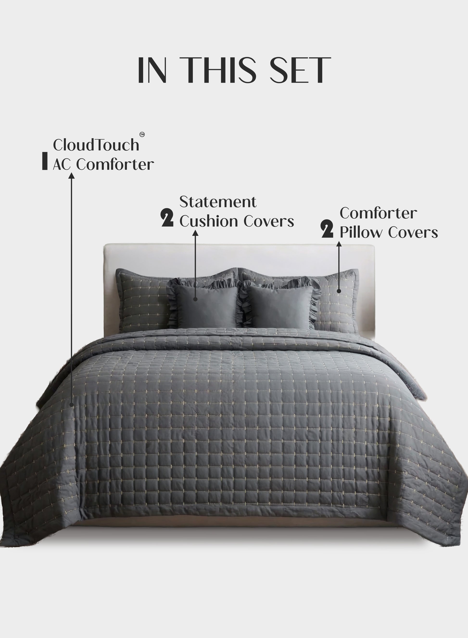 Home Crayons CloudTouch™ 5-Piece AC Comforter Set | 33% Oversized | Includes 2 Pillow & 2 Cushion Covers | Pebble Gray