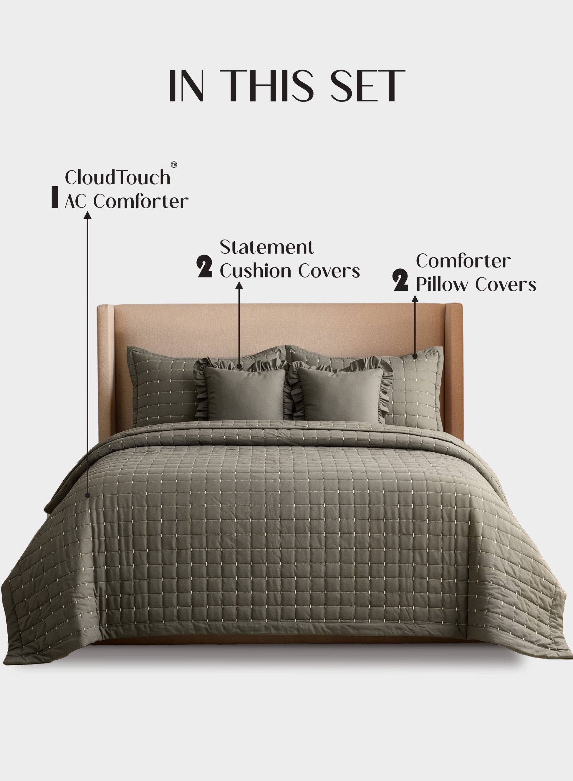 Home Crayons CloudTouch™ 5-Piece AC Comforter Set | 33% Oversized | Includes 2 Pillow & 2 Cushion Covers | Smoked Coffee