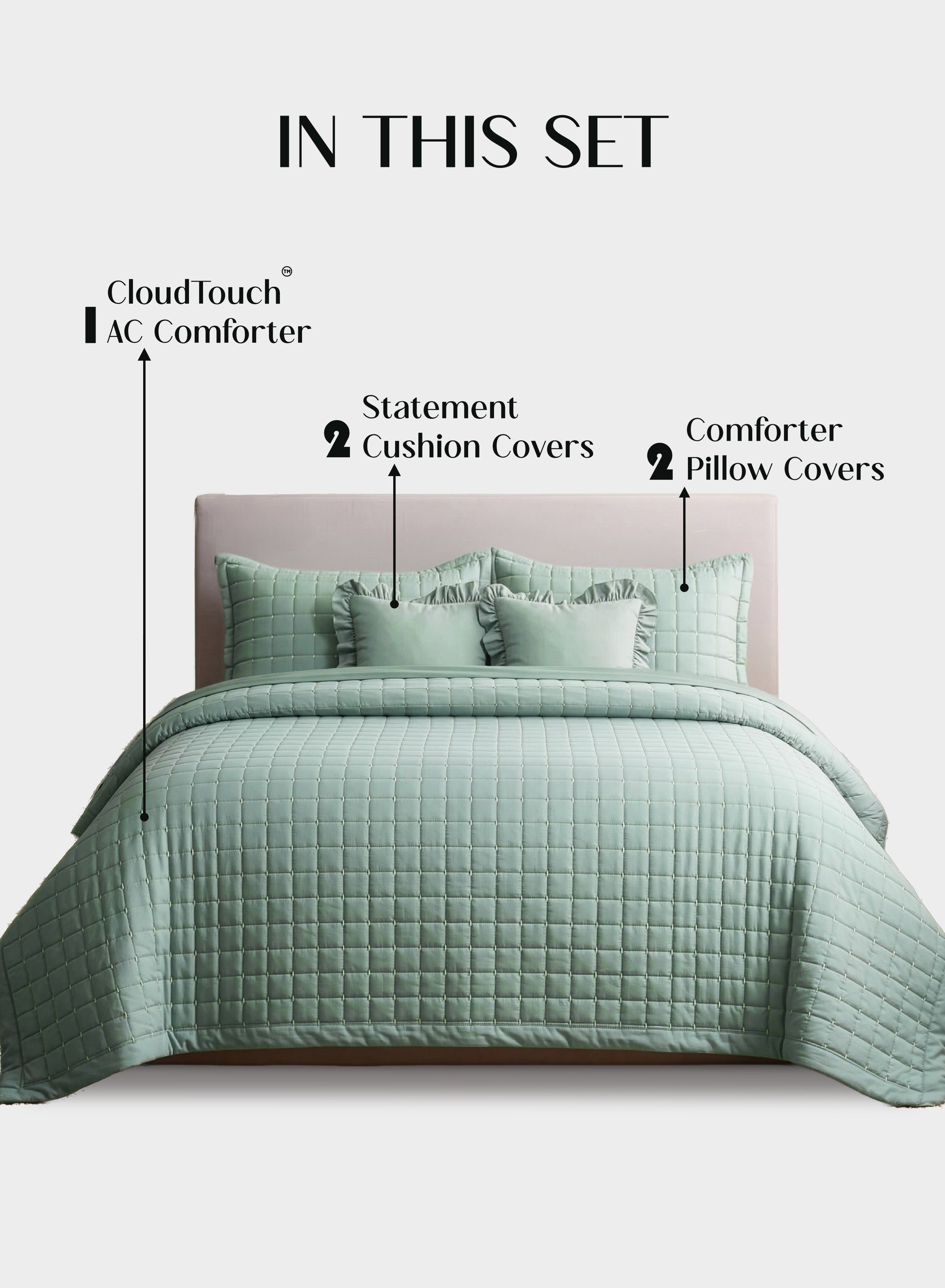 Home Crayons CloudTouch™ 5-Piece AC Comforter Set | 33% Oversized | Includes 2 Pillow & 2 Cushion Covers | Matcha Milk