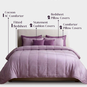 Home Crayons Cocoon 8-Piece AC Bedding Set | Coordinated Comforter, Fitted Sheet & Covers in One Set | Lilac Daisy