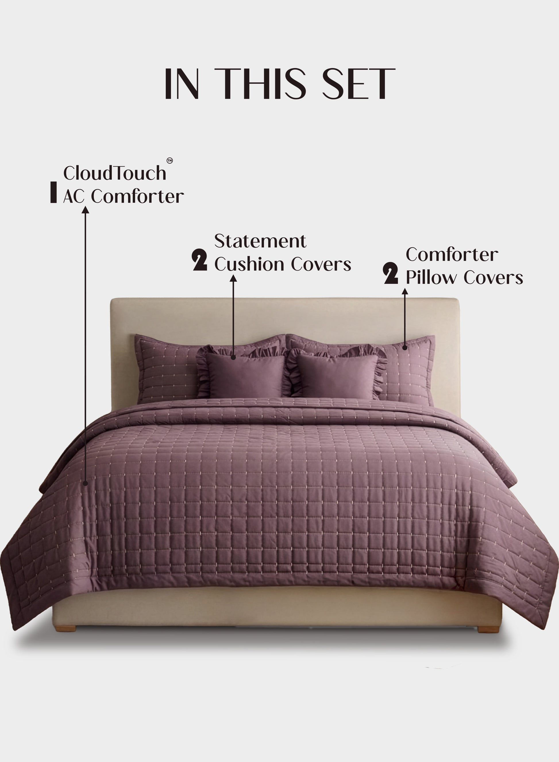 Home Crayons CloudTouch™ 5-Piece AC Comforter Set | 33% Oversized | Includes 2 Pillow & 2 Cushion Covers | Mulberry