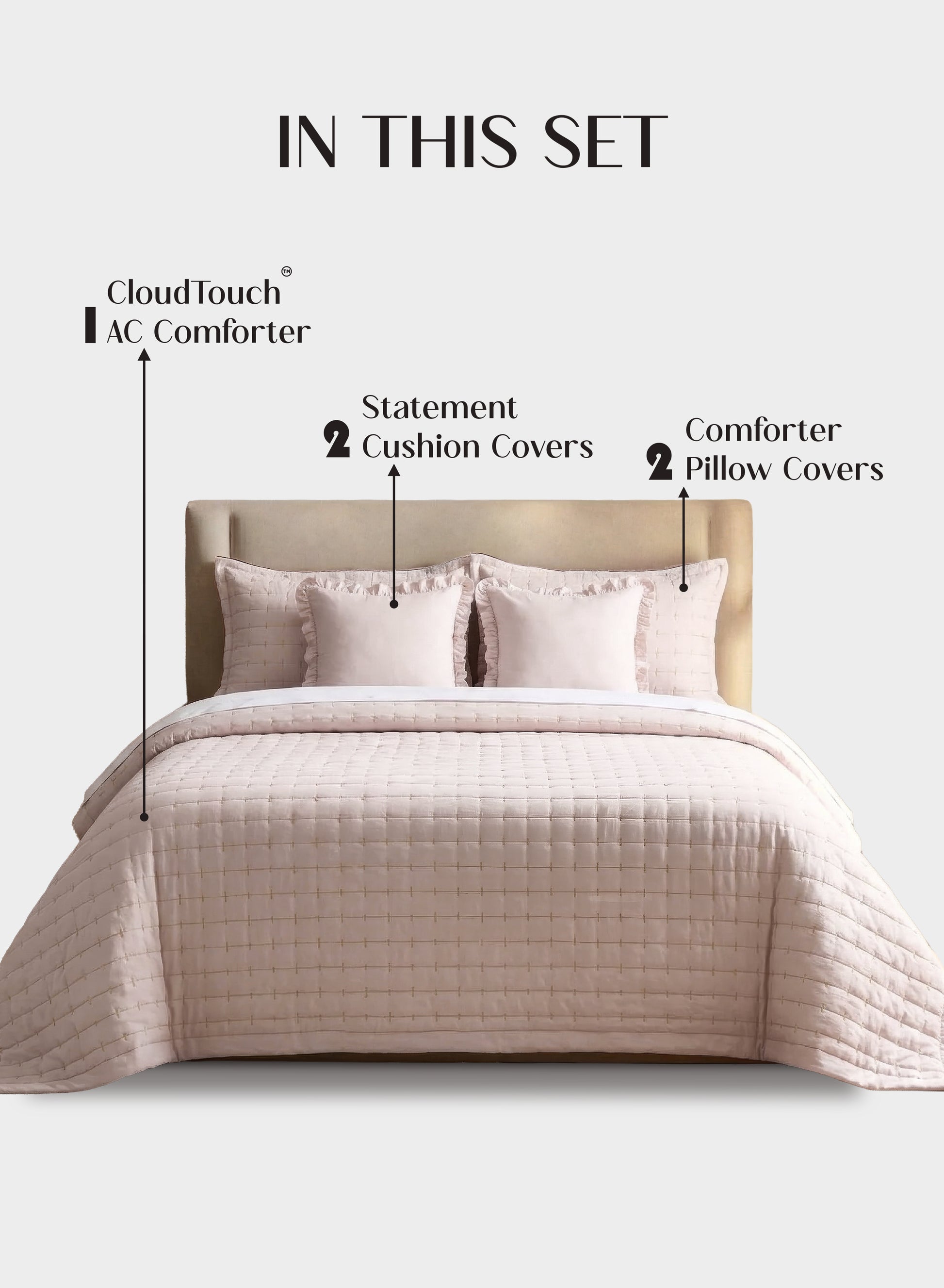 Home Crayons CloudTouch™ 5-Piece AC Comforter Set | 33% Oversized | Includes 2 Pillow & 2 Cushion Covers | Sakura Blush