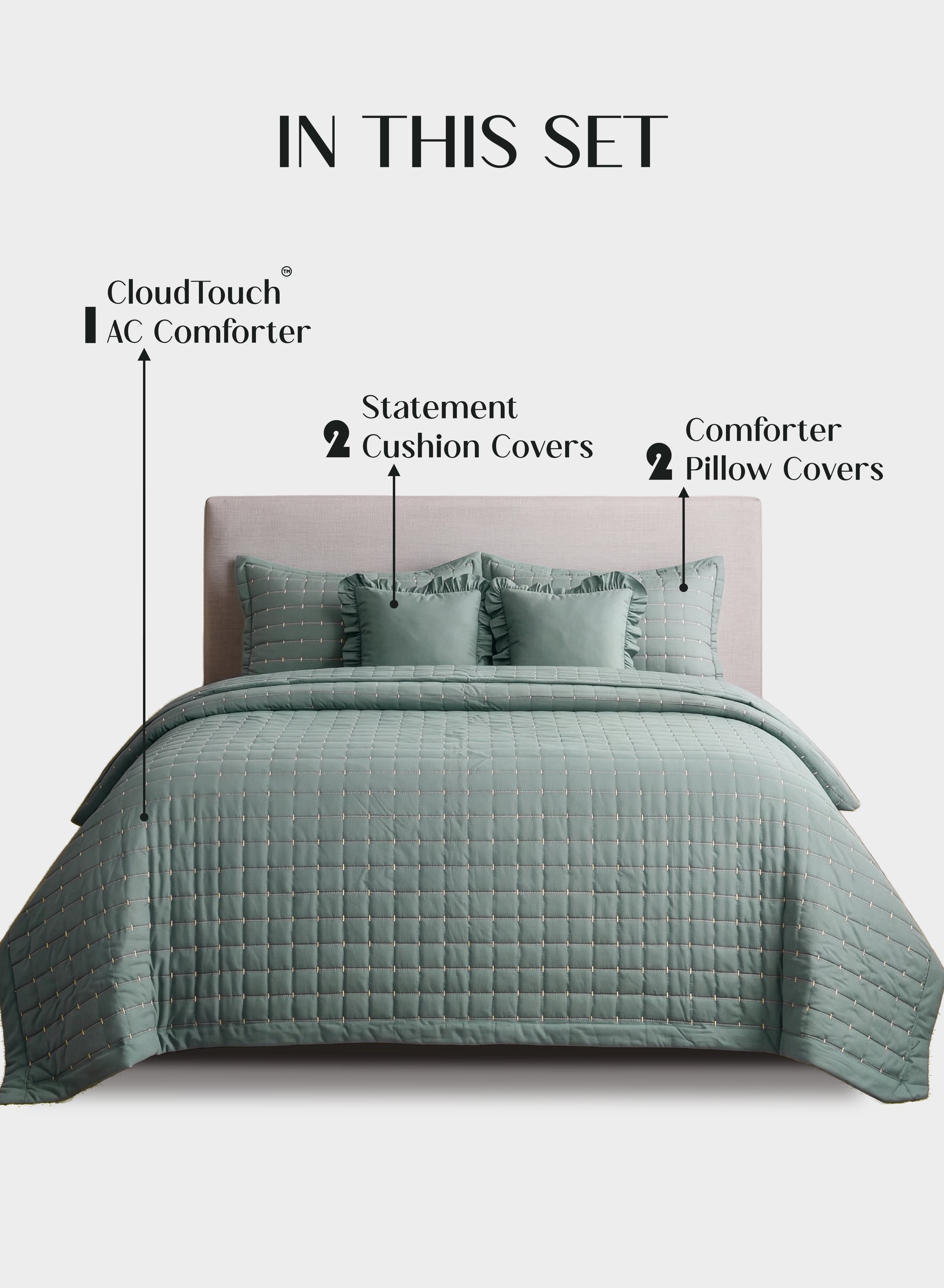 Home Crayons CloudTouch™ 5-Piece AC Comforter Set | 33% Oversized | Includes 2 Pillow & 2 Cushion Covers | Sage Green