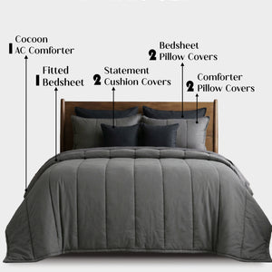 Home Crayons Cocoon 8-Piece AC Bedding Set | Coordinated Comforter, Fitted Sheet & Covers in One Set | Moonstone Gray