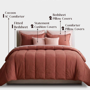 Home Crayons Cocoon 8-Piece AC Bedding Set | Coordinated Comforter, Fitted Sheet & Covers in One Set | Terracotta