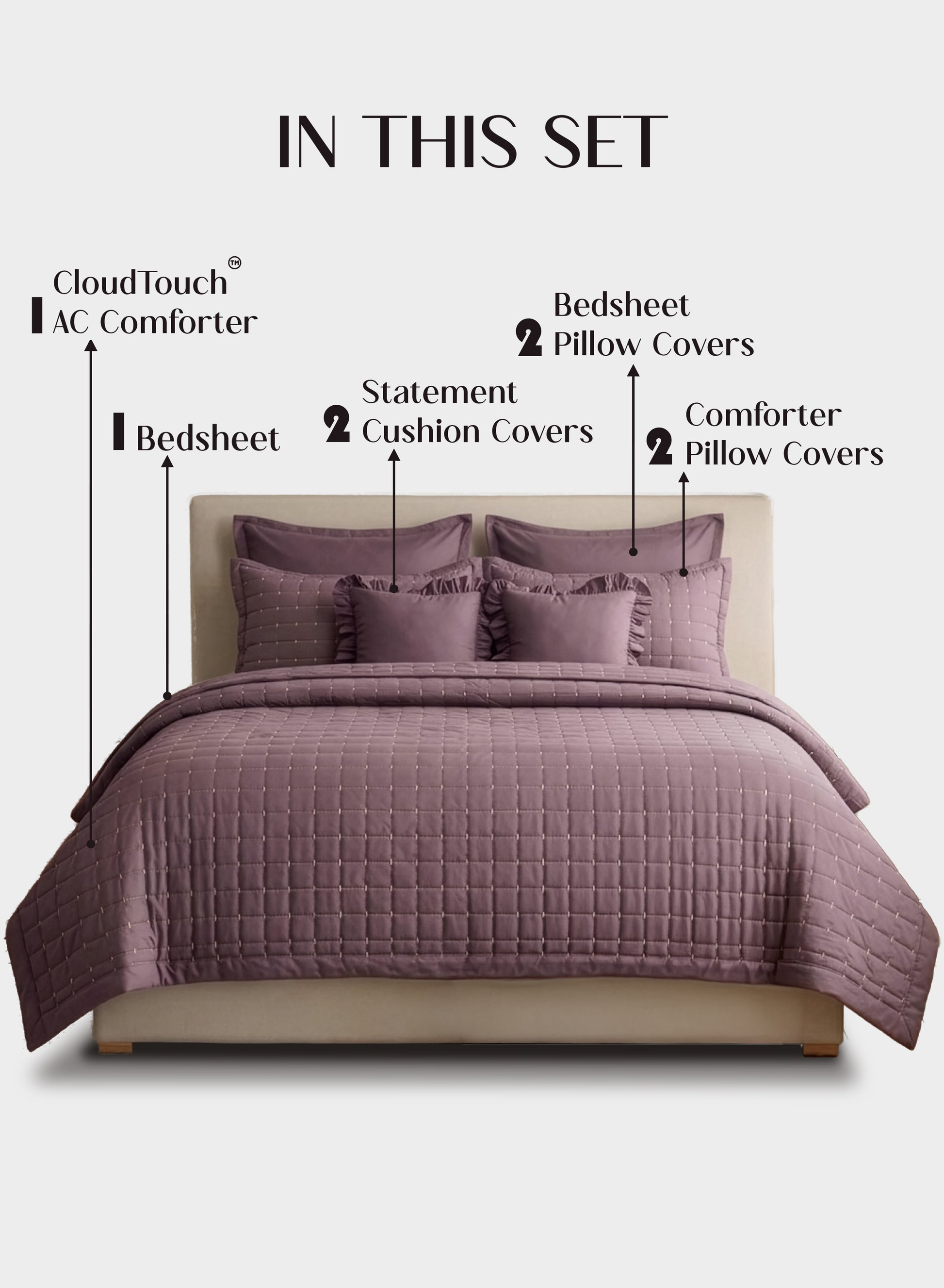 Home Crayons CloudTouch™ 8-Piece AC Bedding Set | Complete Bedroom Upgrade in One Set | Mulberry