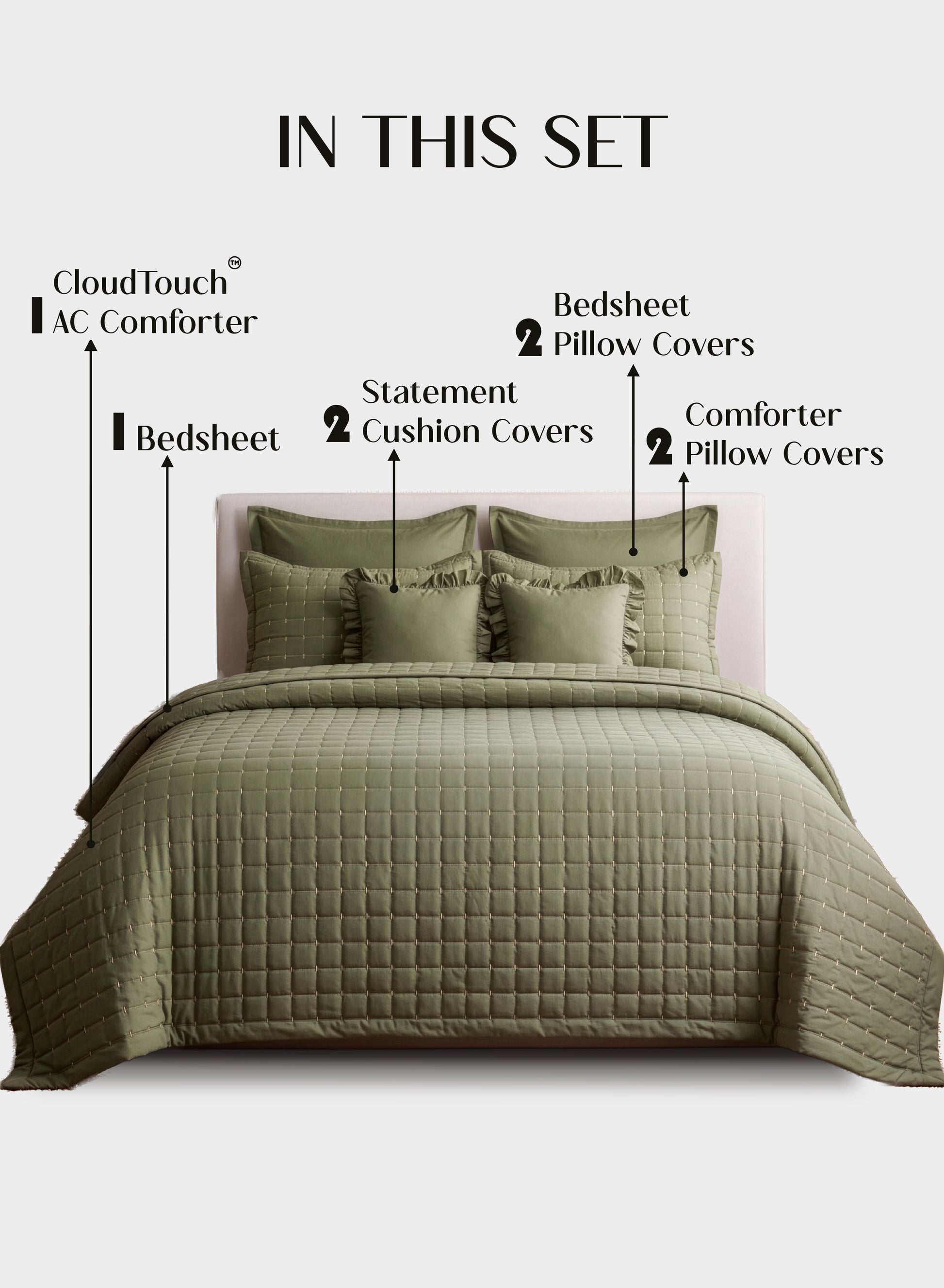 Home Crayons CloudTouch™ 8-Piece AC Bedding Set | Complete Bedroom Upgrade in One Set | Olive Grove