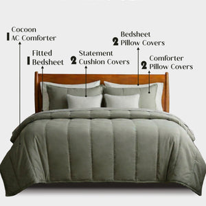 Home Crayons Cocoon 8-Piece AC Bedding Set | Coordinated Comforter, Fitted Sheet & Covers in One Set | Olive Mist