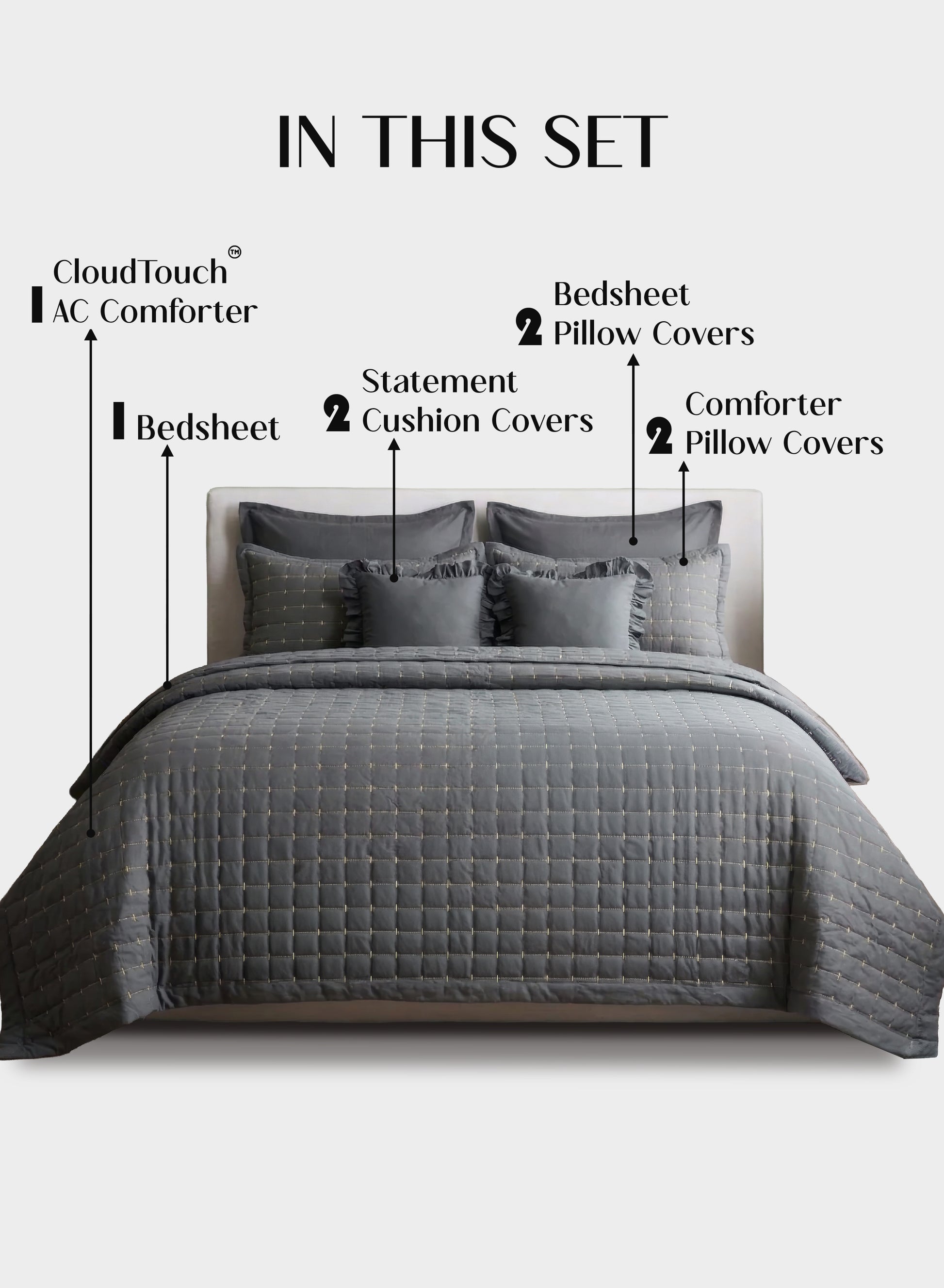 Home Crayons CloudTouch™ 8-Piece AC Bedding Set | Complete Bedroom Upgrade in One Set | Pebble Gray