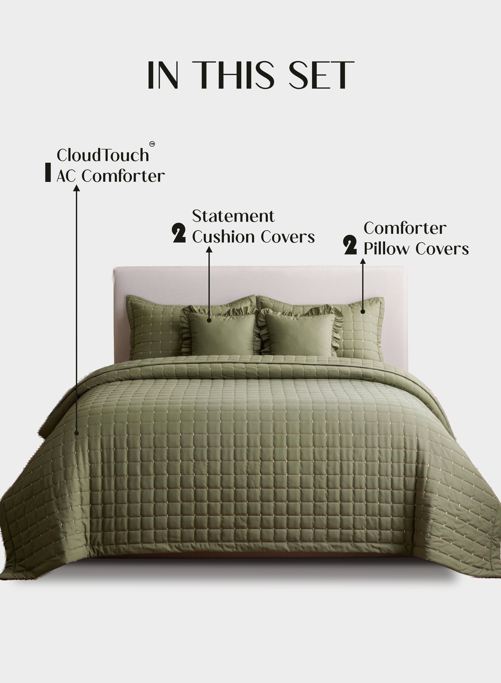 Home Crayons CloudTouch™ 5-Piece AC Comforter Set | 33% Oversized | Includes 2 Pillow & 2 Cushion Covers | Olive Grove
