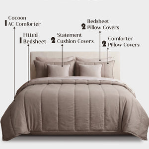 Home Crayons Cocoon 8-Piece AC Bedding Set | Coordinated Comforter, Fitted Sheet & Covers in One Set | Earthy Beige