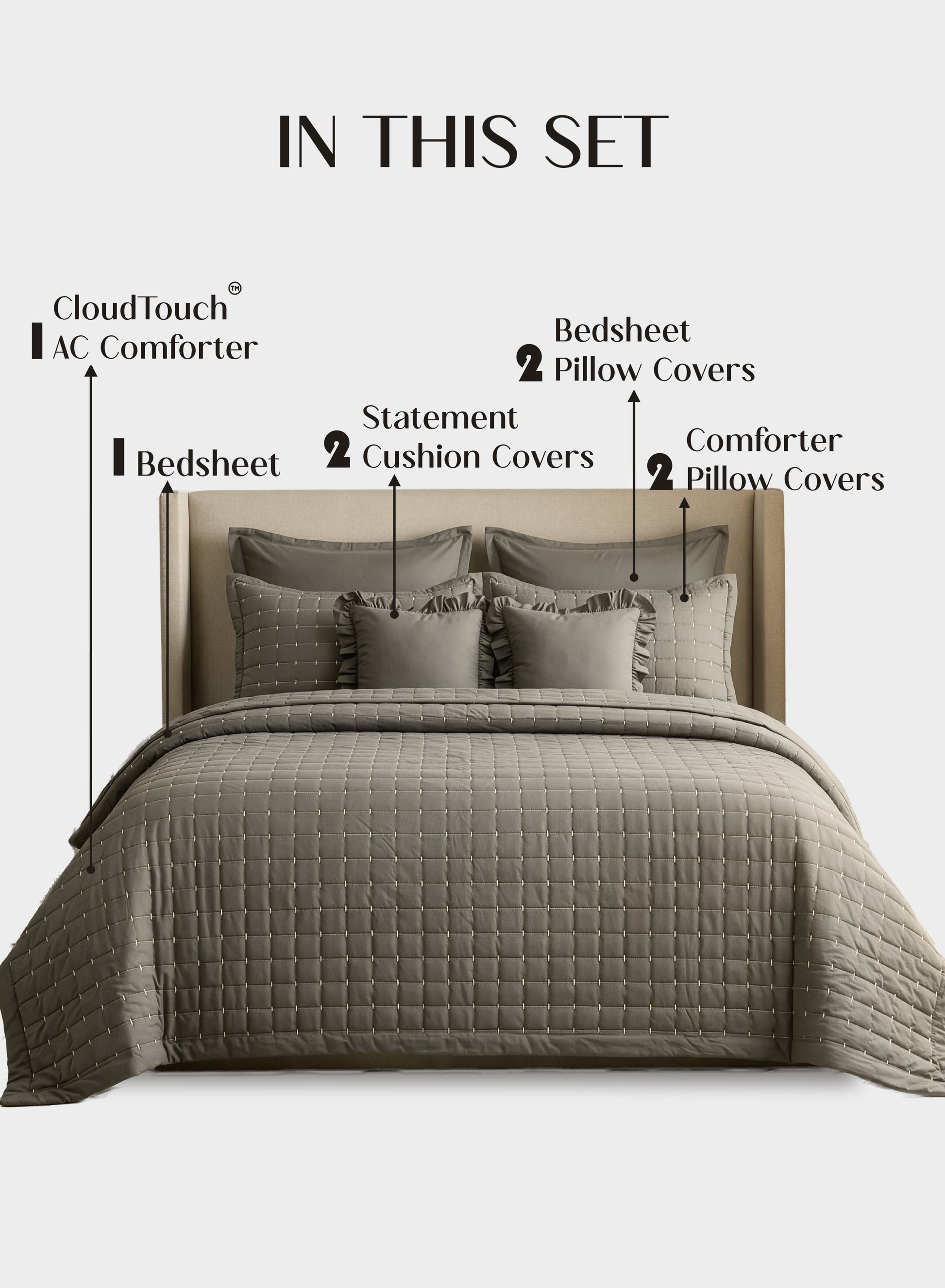 Home Crayons CloudTouch™ 8-Piece AC Bedding Set | Complete Bedroom Upgrade in One Set | Smoked Coffee