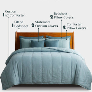 Home Crayons Cocoon 8-Piece AC Bedding Set | Coordinated Comforter, Fitted Sheet & Covers in One Set | Blue Meadow