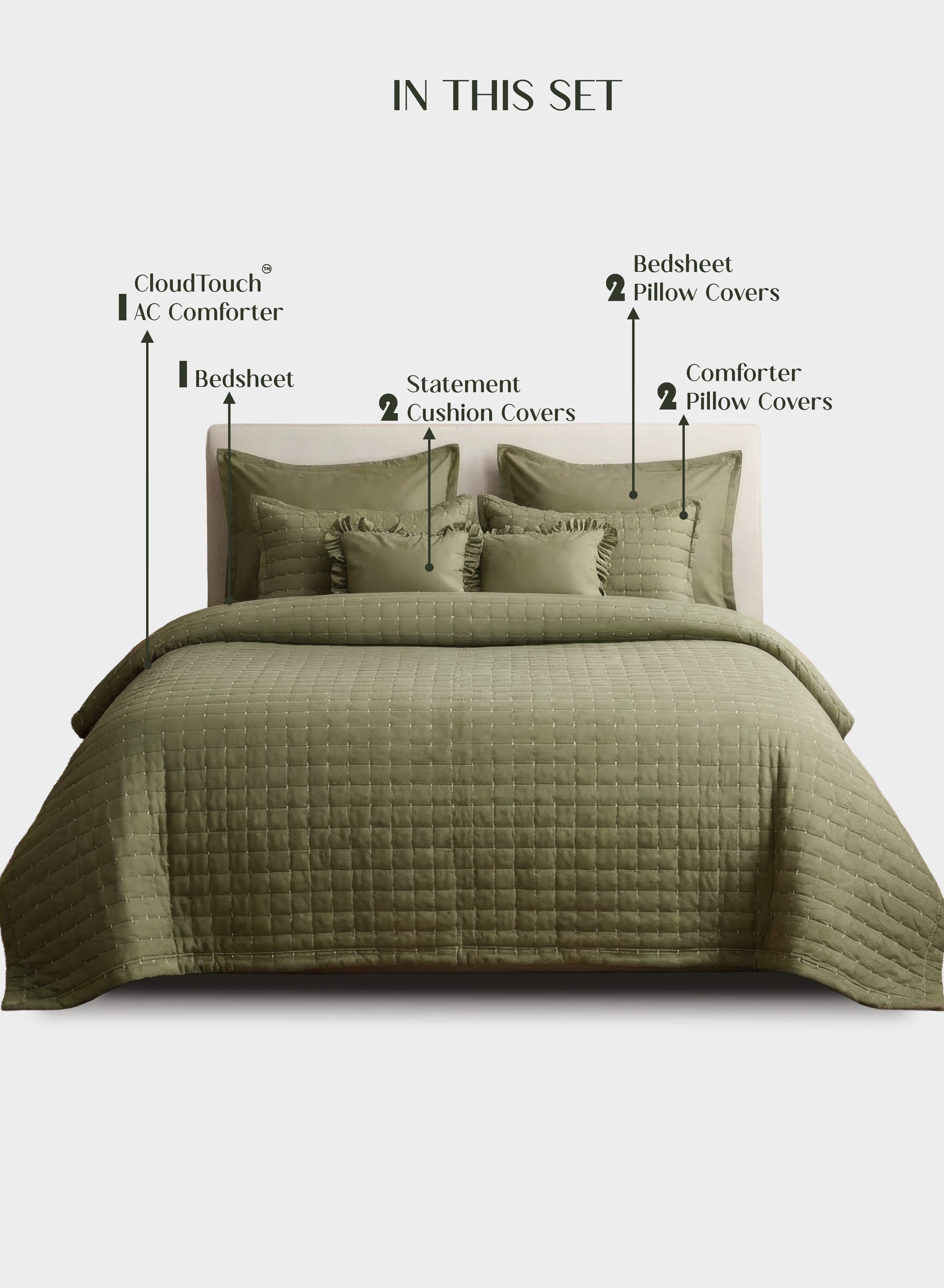 Home Crayons CloudTouch™ 8-Piece AC Bedding Set | Complete Bedroom Upgrade in One Set | Olive Grove