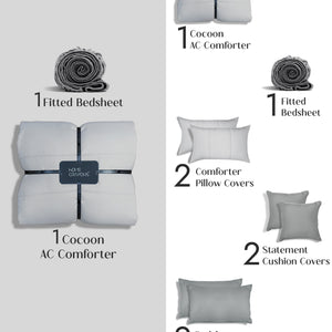 Home Crayons Cocoon 8-Piece AC Bedding Set | Coordinated Comforter, Fitted Sheet & Covers in One Set | Pearl Gray