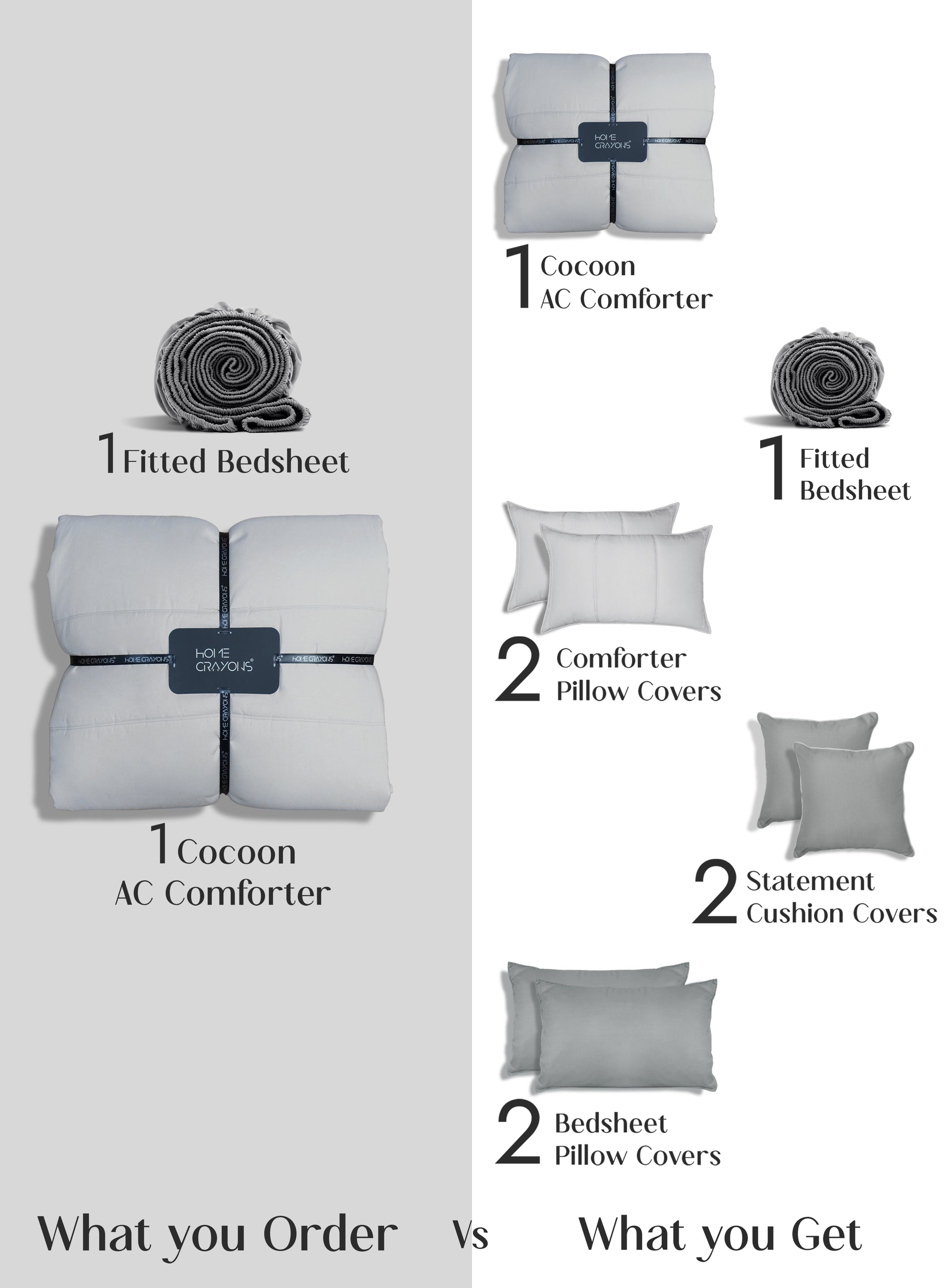 Home Crayons Cocoon 8-Piece AC Bedding Set | Coordinated Comforter, Fitted Sheet & Covers in One Set | Pearl Gray