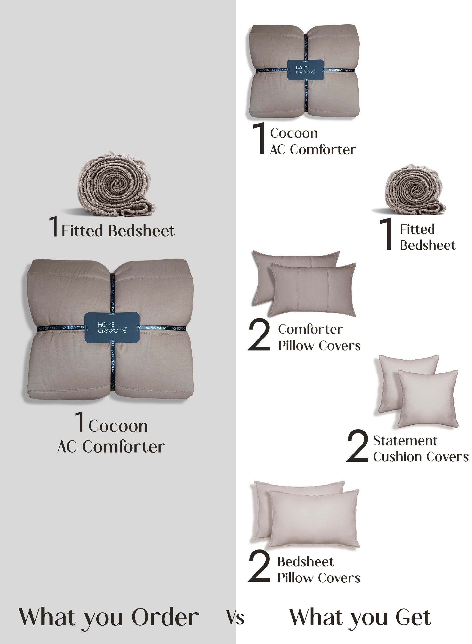 Home Crayons Cocoon 8-Piece AC Bedding Set | Coordinated Comforter, Fitted Sheet & Covers in One Set | Earthy Beige