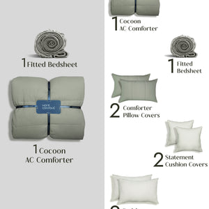 Home Crayons Cocoon 8-Piece AC Bedding Set | Coordinated Comforter, Fitted Sheet & Covers in One Set | Olive Mist