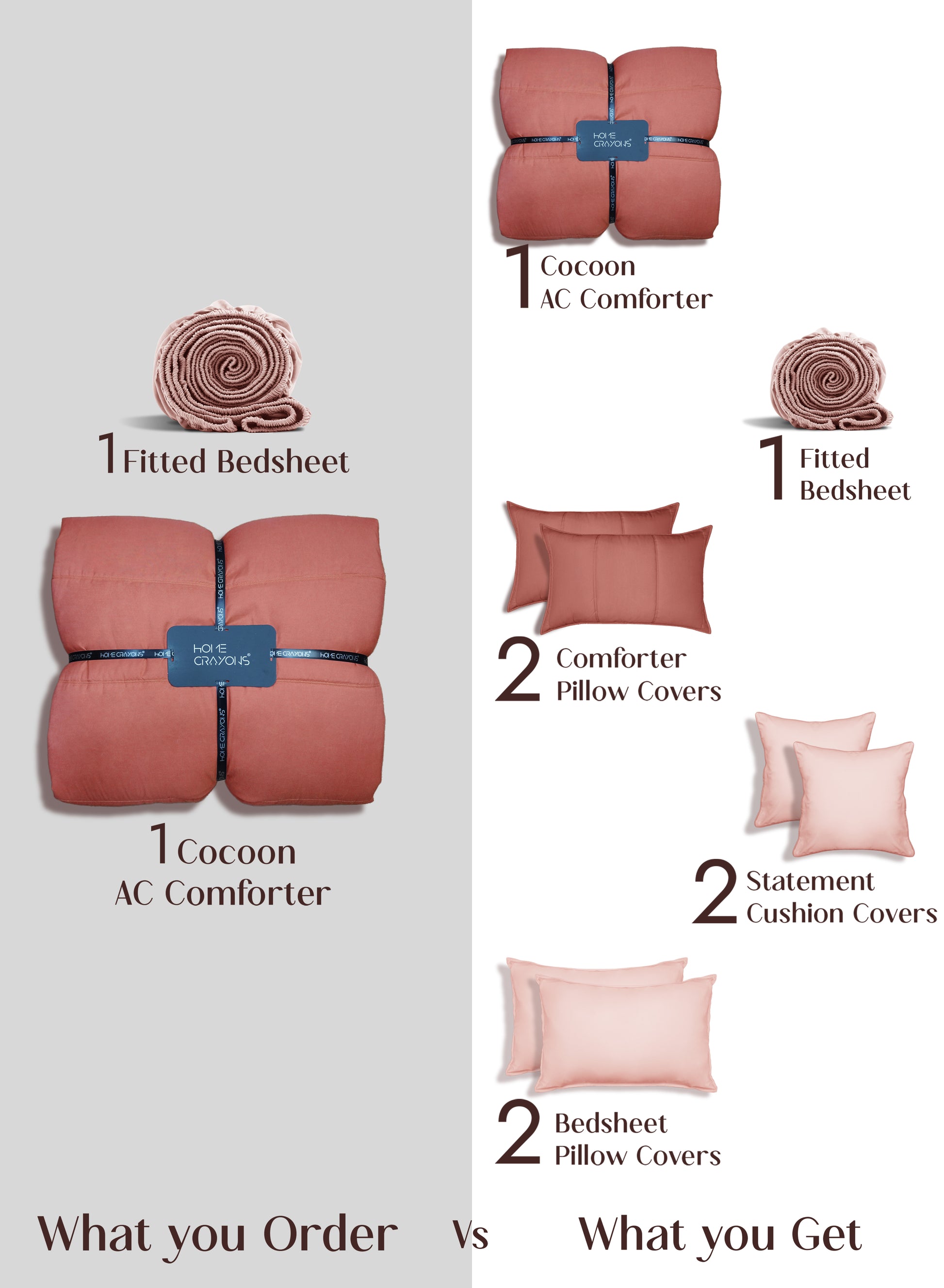 Home Crayons Cocoon 8-Piece AC Bedding Set | Coordinated Comforter, Fitted Sheet & Covers in One Set | Terracotta