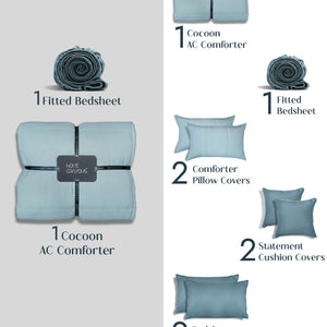 Home Crayons Cocoon 8-Piece AC Bedding Set | Coordinated Comforter, Fitted Sheet & Covers in One Set | Blue Meadow