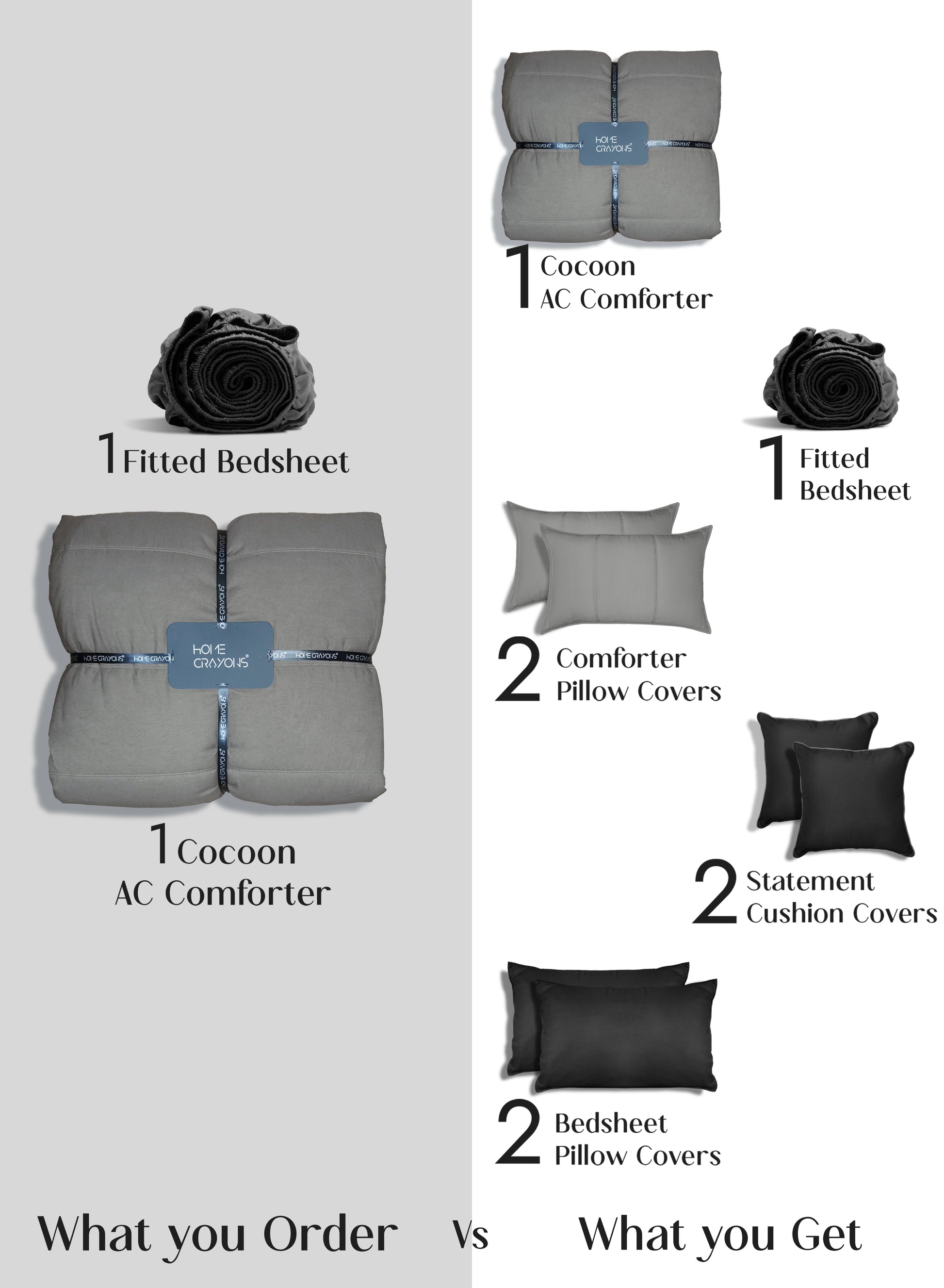Home Crayons Cocoon 8-Piece AC Bedding Set | Coordinated Comforter, Fitted Sheet & Covers in One Set | Moonstone Gray