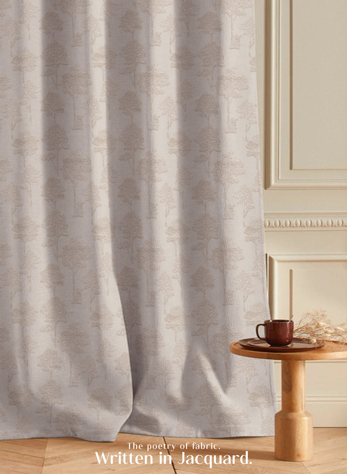Bern Jacquard Blackout Curtains | Scenic Tree Pattern & Total Light Block | Light Khaki | Set of 2 | Fully Customizable