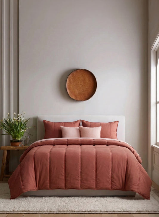 Home Crayons Cocoon AC Comforter Set | 5-Piece Designer Bed Set for Modern Homes | Terracotta