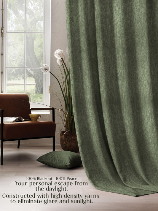 Arezzo Plain Blackout Curtains | Soft Heavy Fabric & Total Light Block | Olive Green | Set of 2 | Fully Customizable