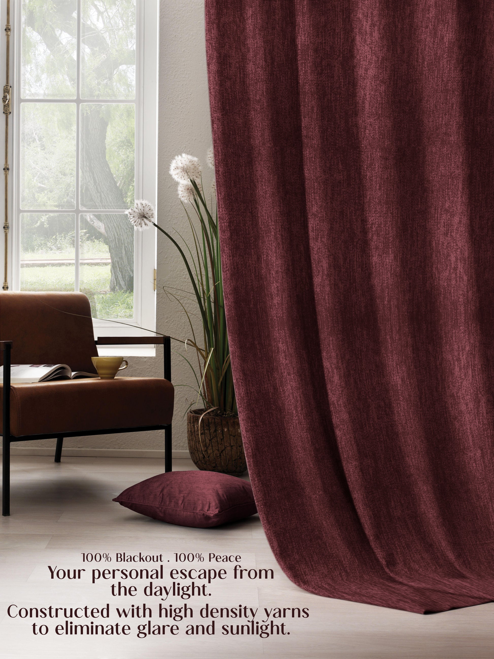 Arezzo Plain Blackout Curtains | Soft Heavy Fabric & Total Light Block | Maroon | Set of 2 | Fully Customizable