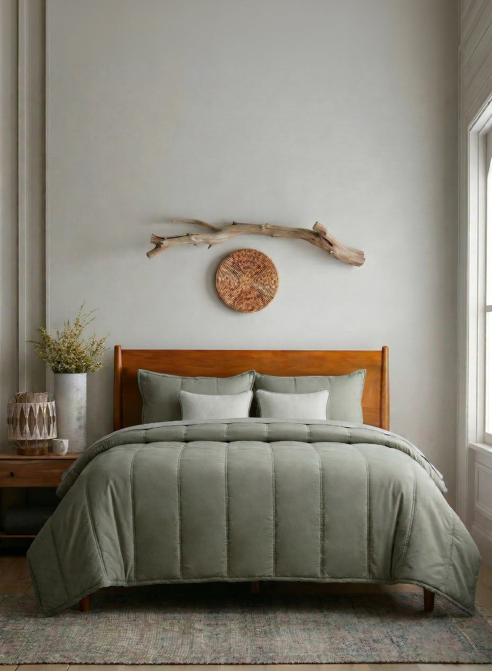 Home Crayons Cocoon AC Comforter Set | 5-Piece Designer Bed Set for Modern Homes | Olive Mist