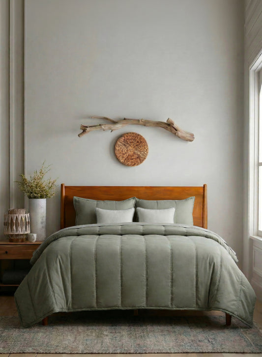 Home Crayons Cocoon AC Comforter Set | 5-Piece Designer Bed Set for Modern Homes | Olive Mist