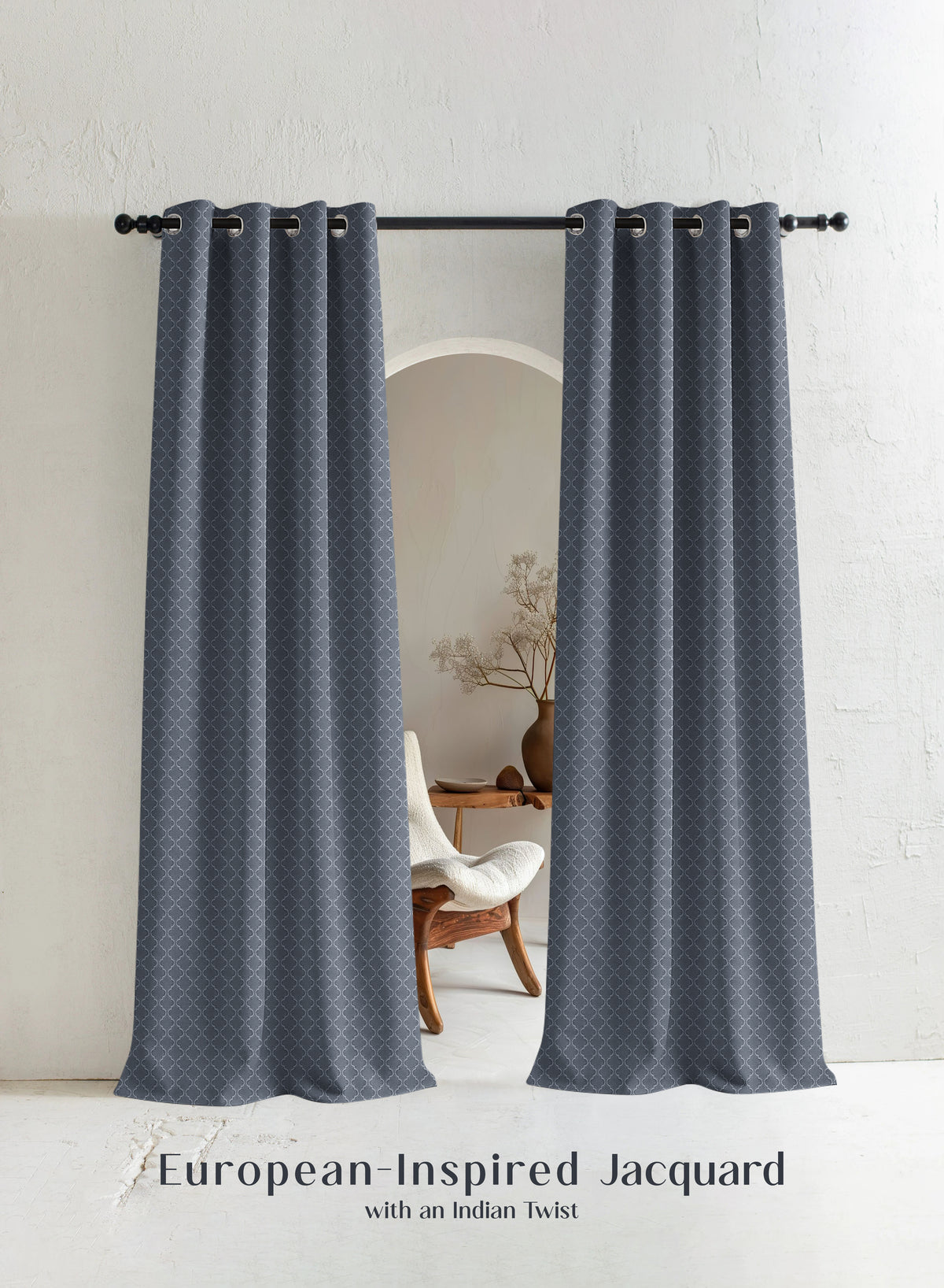 Teramo Jacquard Blackout Curtains | Crest Jacquard Weave & Total Light Block | Abstract Gray | Set of 2 | Fully Customizable