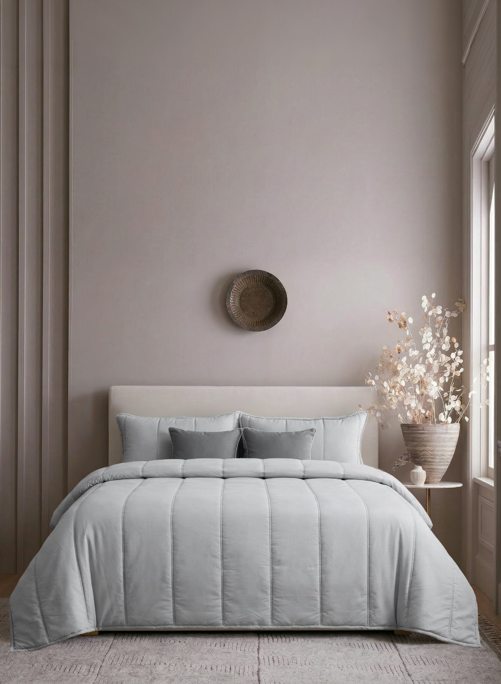 Home Crayons Cocoon AC Comforter Set | 5-Piece Designer Bed Set for Modern Homes | Pearl Gray