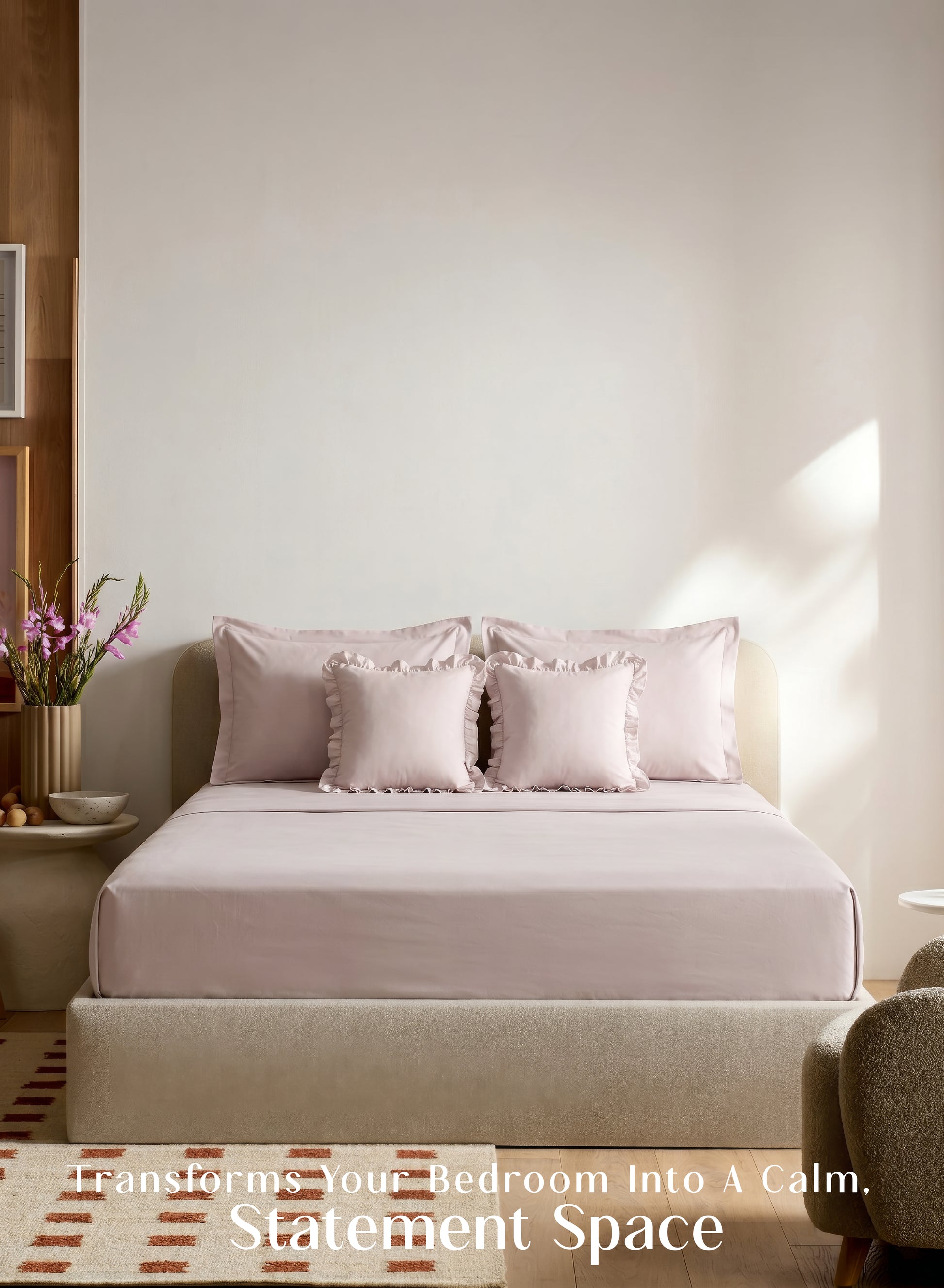 Home Crayons LuxeSoft™ Double Bedsheet Set | Oversized King | Includes 2 Pillow Covers & 2 Cushion Covers | Sakura Blush