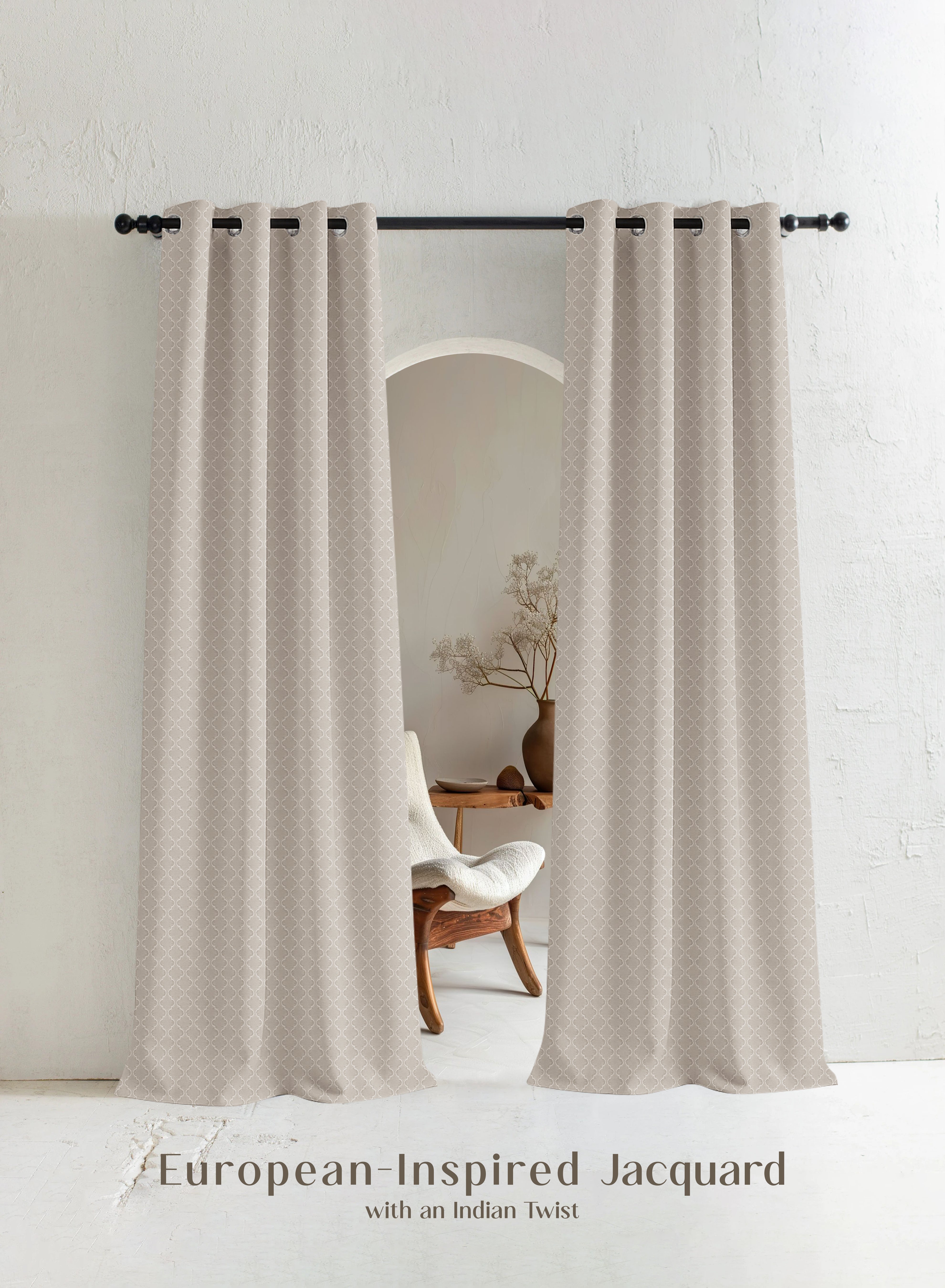 Teramo Jacquard Blackout Curtains | Crest Jacquard Weave & Total Light Block | Sahara Beige | Set of 2 | Fully Customizable