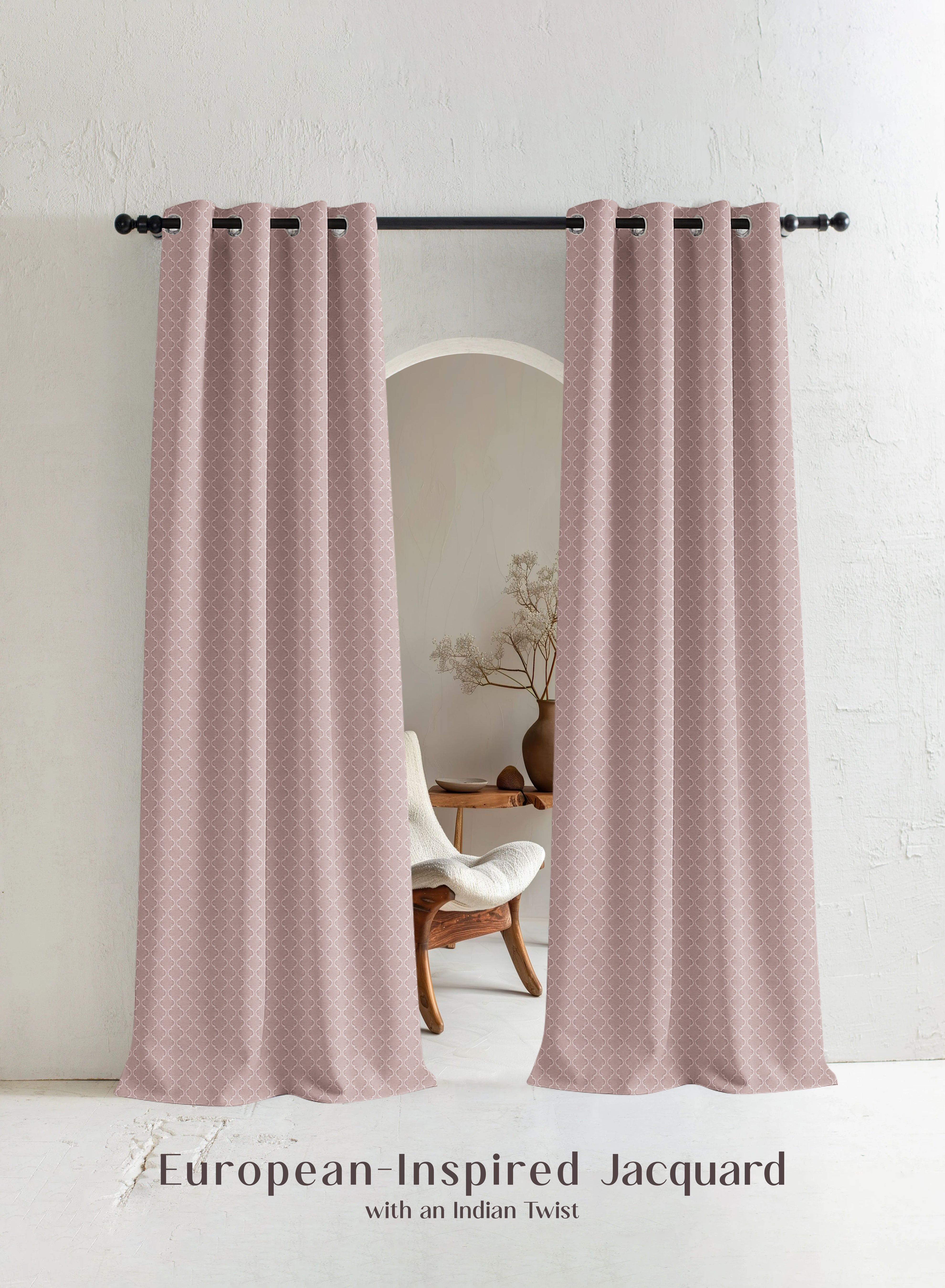 Teramo Jacquard Blackout Curtains | Crest Jacquard Weave & Total Light Block | Dusky Peach | Set of 2 | Fully Customizable