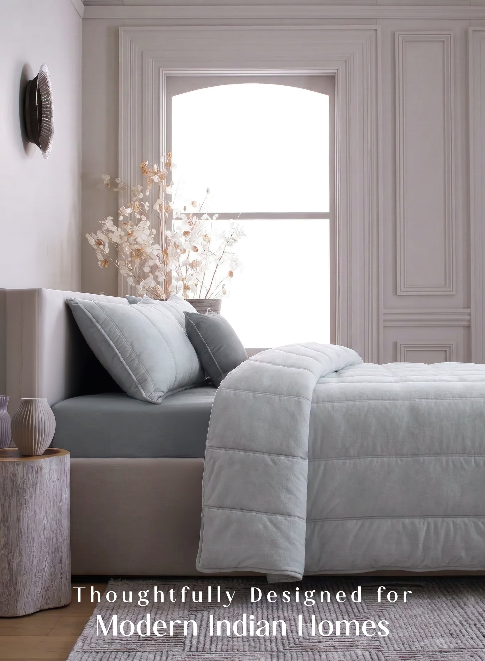 Home Crayons Cocoon AC Comforter Set | 5-Piece Designer Bed Set for Modern Homes | Pearl Gray