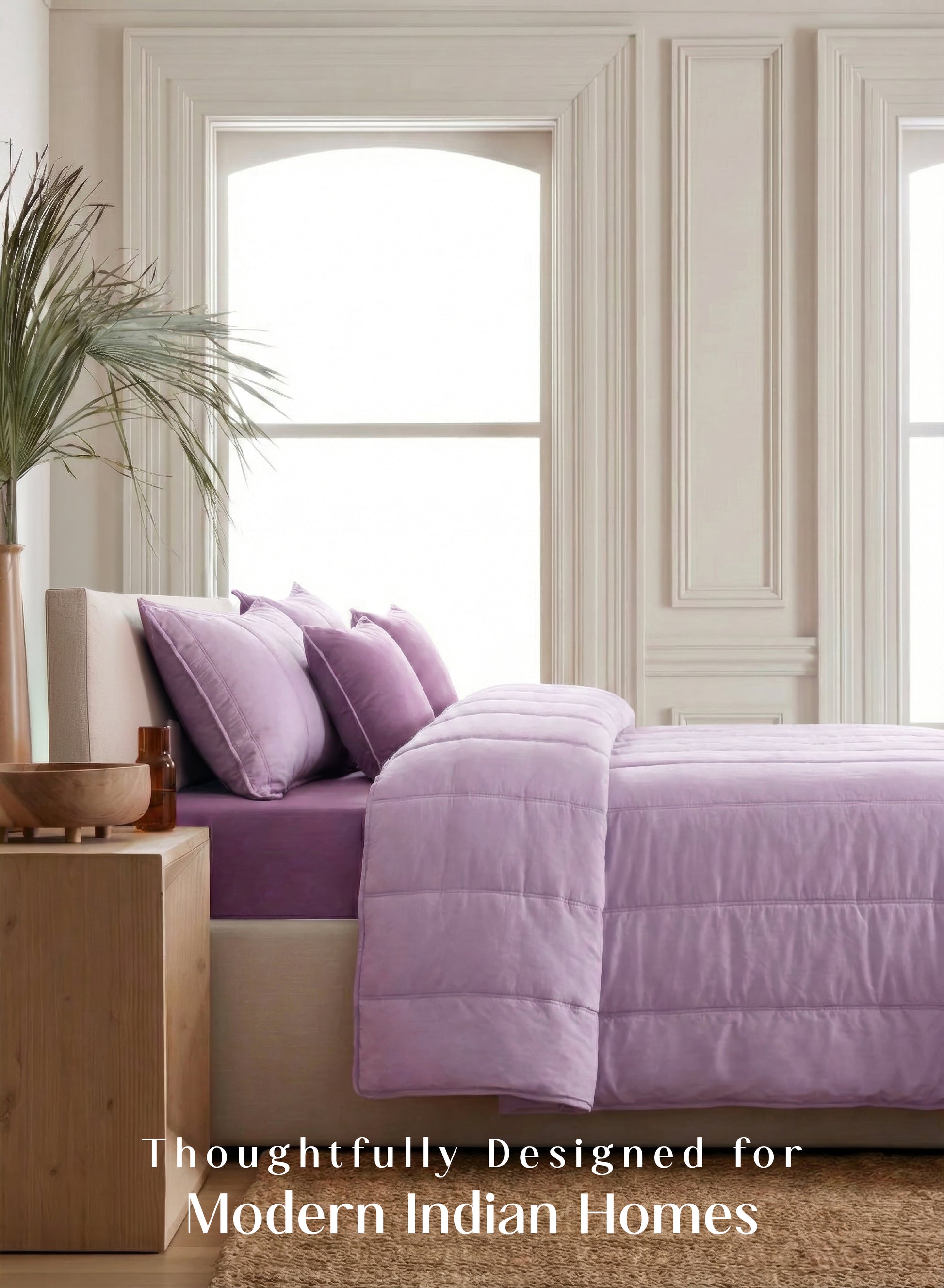 Home Crayons Cocoon AC Comforter Set | 5-Piece Designer Bed Set for Modern Homes | Lilac Daisy