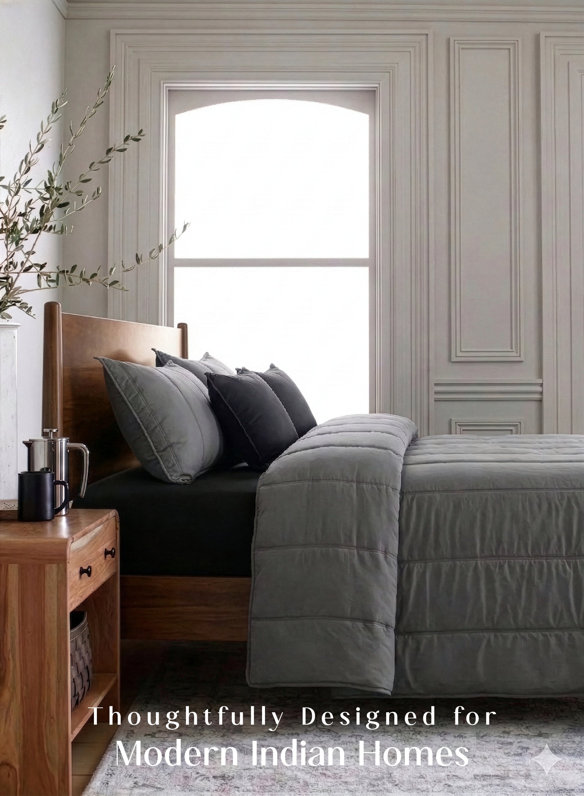 Home Crayons Cocoon AC Comforter Set | 5-Piece Designer Bed Set for Modern Homes | Moonstone Gray