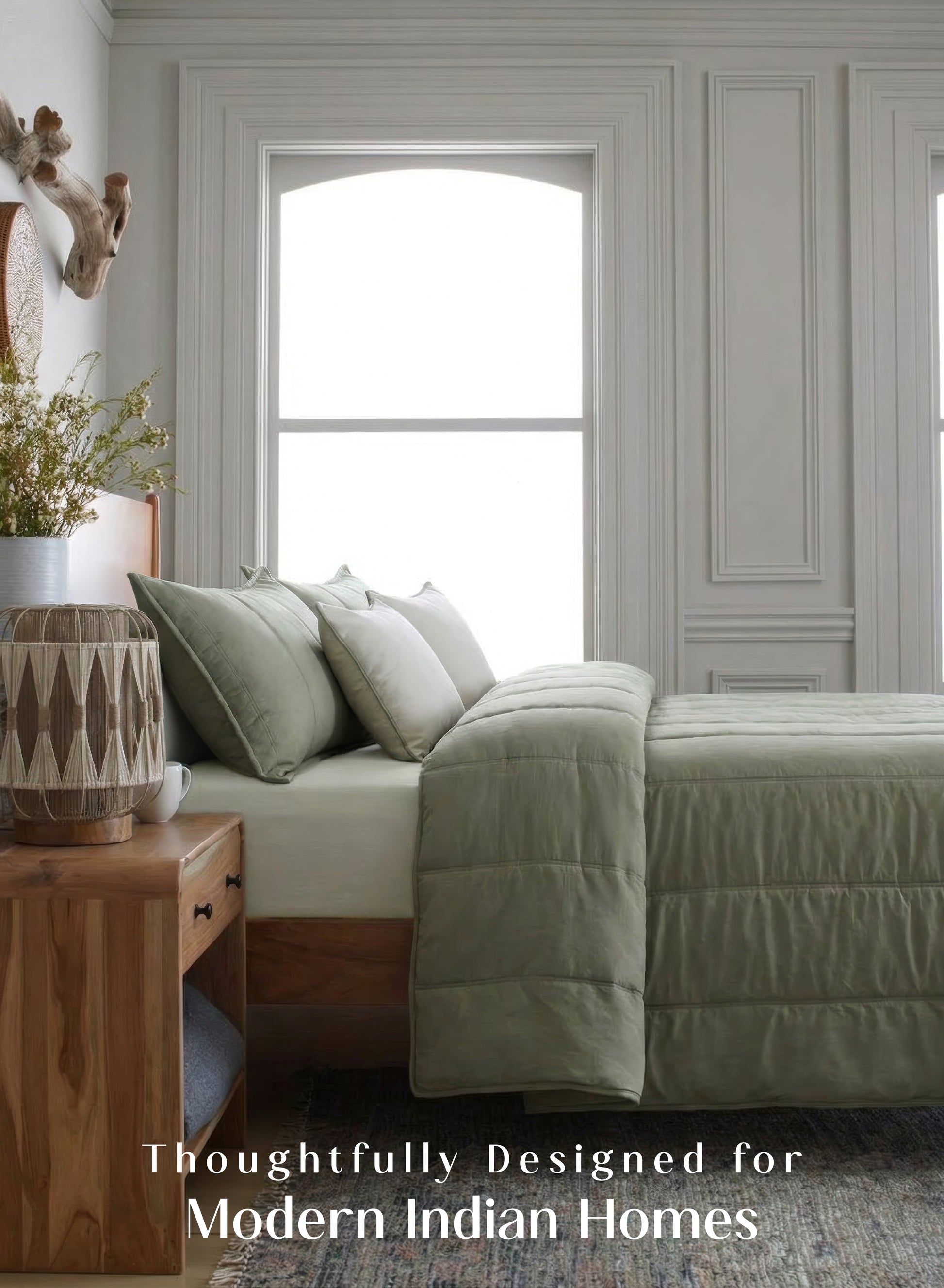 Home Crayons Cocoon AC Comforter Set | 5-Piece Designer Bed Set for Modern Homes | Olive Mist