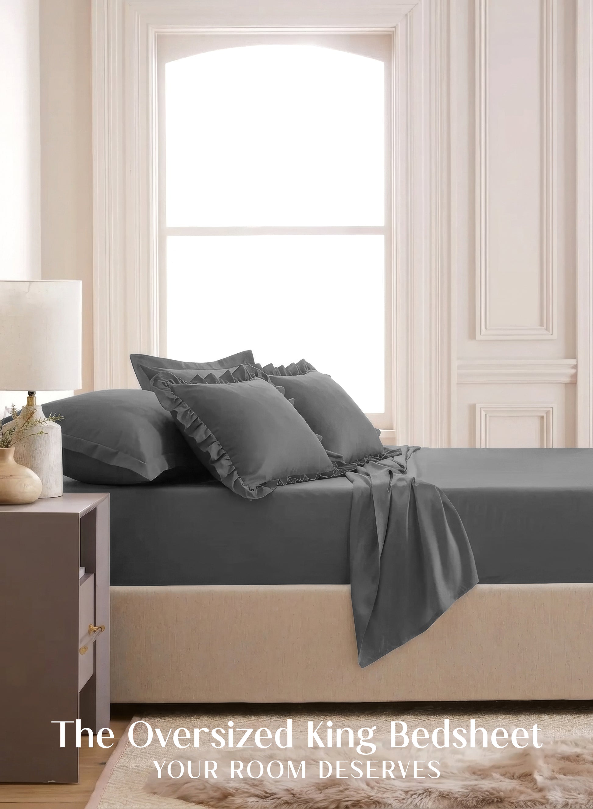 Home Crayons LuxeSoft™ Double Bedsheet Set | Oversized King | Includes 2 Pillow Covers & 2 Cushion Covers | Pebble Gray