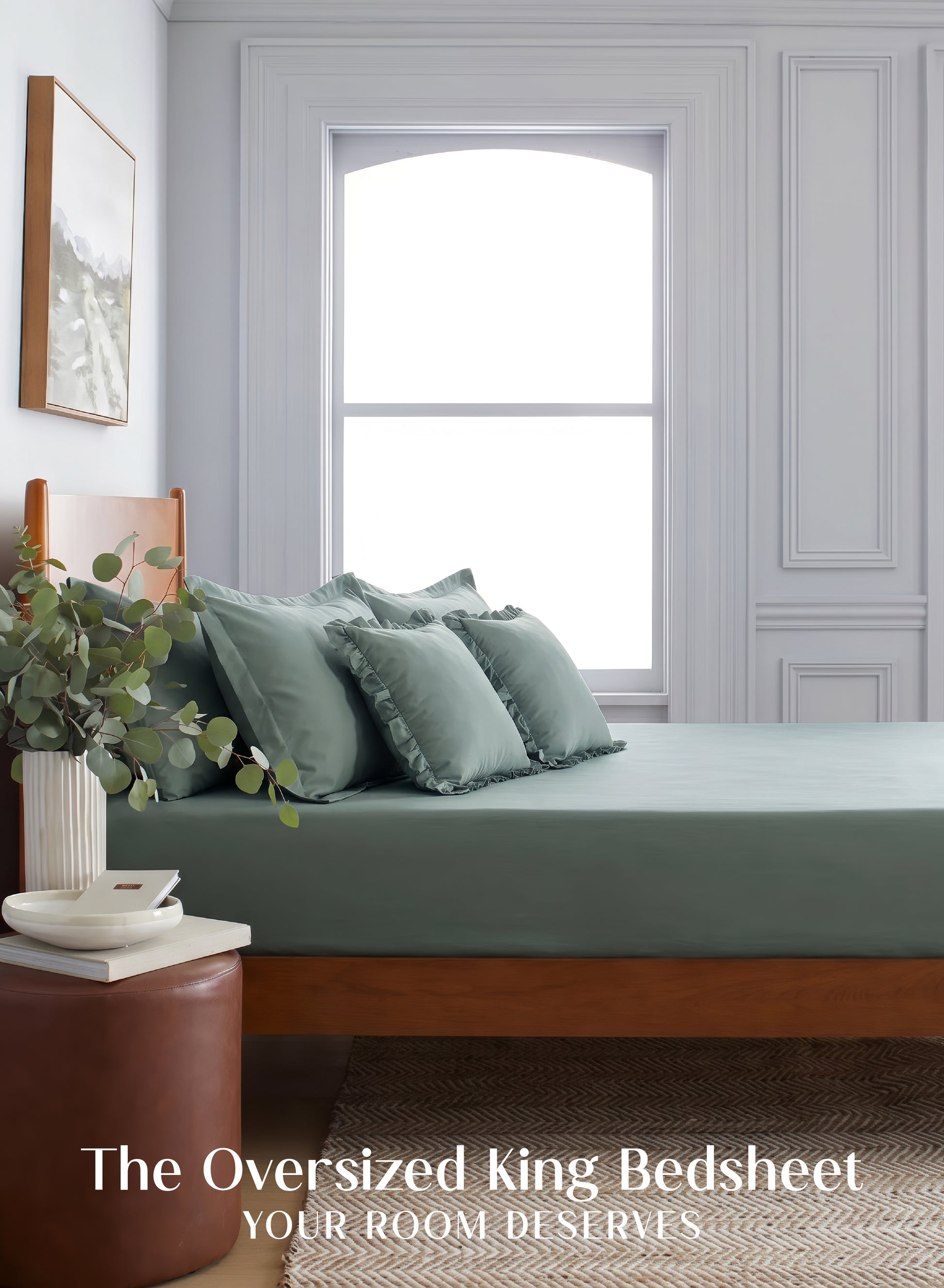 Home Crayons LuxeSoft™ Bedsheet Double Set | Oversized King | Includes 2 Pillow Covers & 2 Cushion Covers | Sage Green