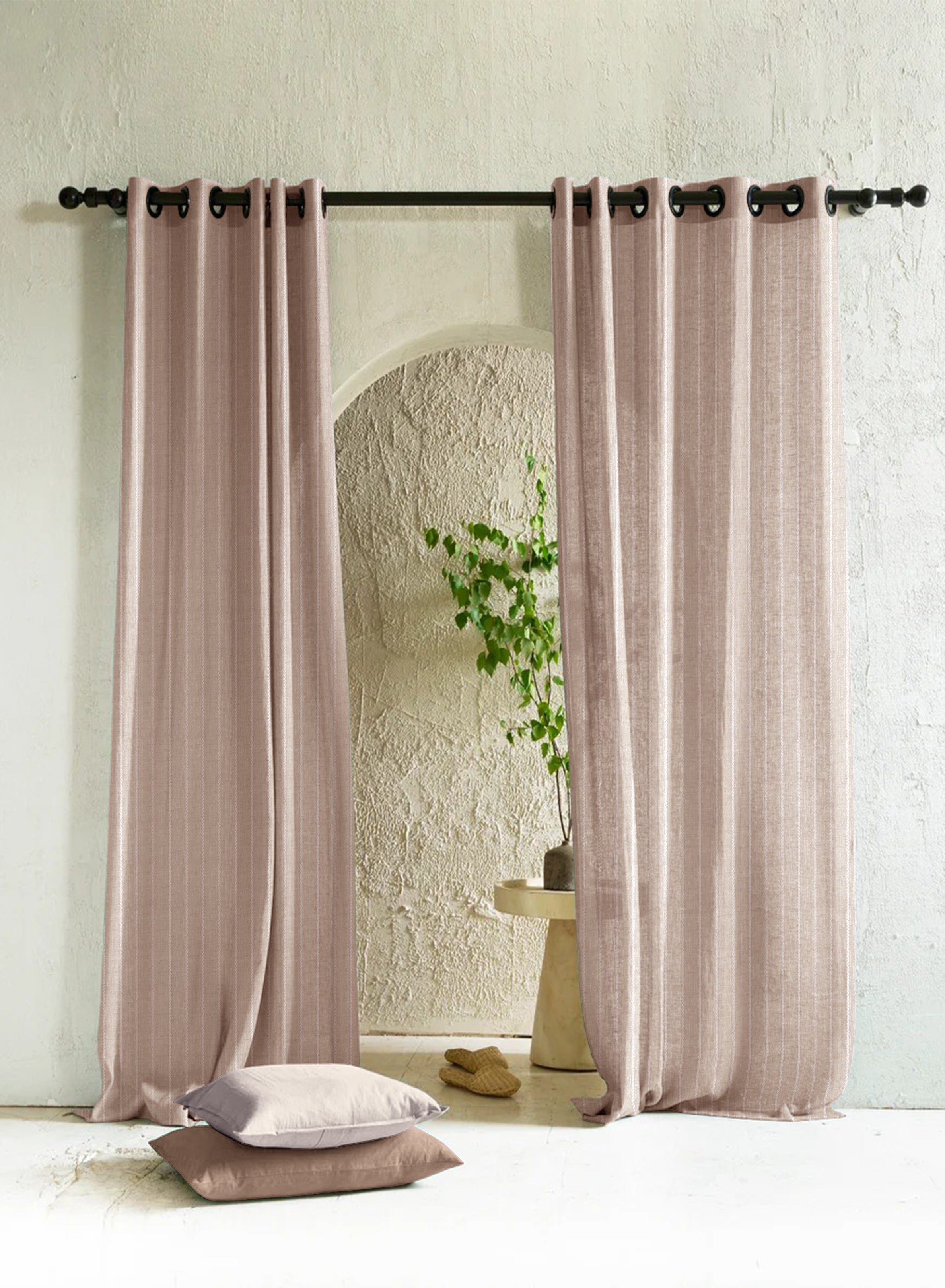 Evok Striped Sheer Curtains | Subtle Stripes & Soft Light Filter | Dark Beige | Set of 2 | Fully Customizable